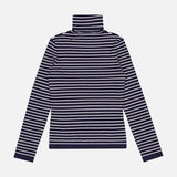 The RALPH LAUREN COLLECTION Ribbed Striped Turtleneck Sweater features a navy blue and white pattern in a slim fit with long sleeves, displayed flat on a light gray background.