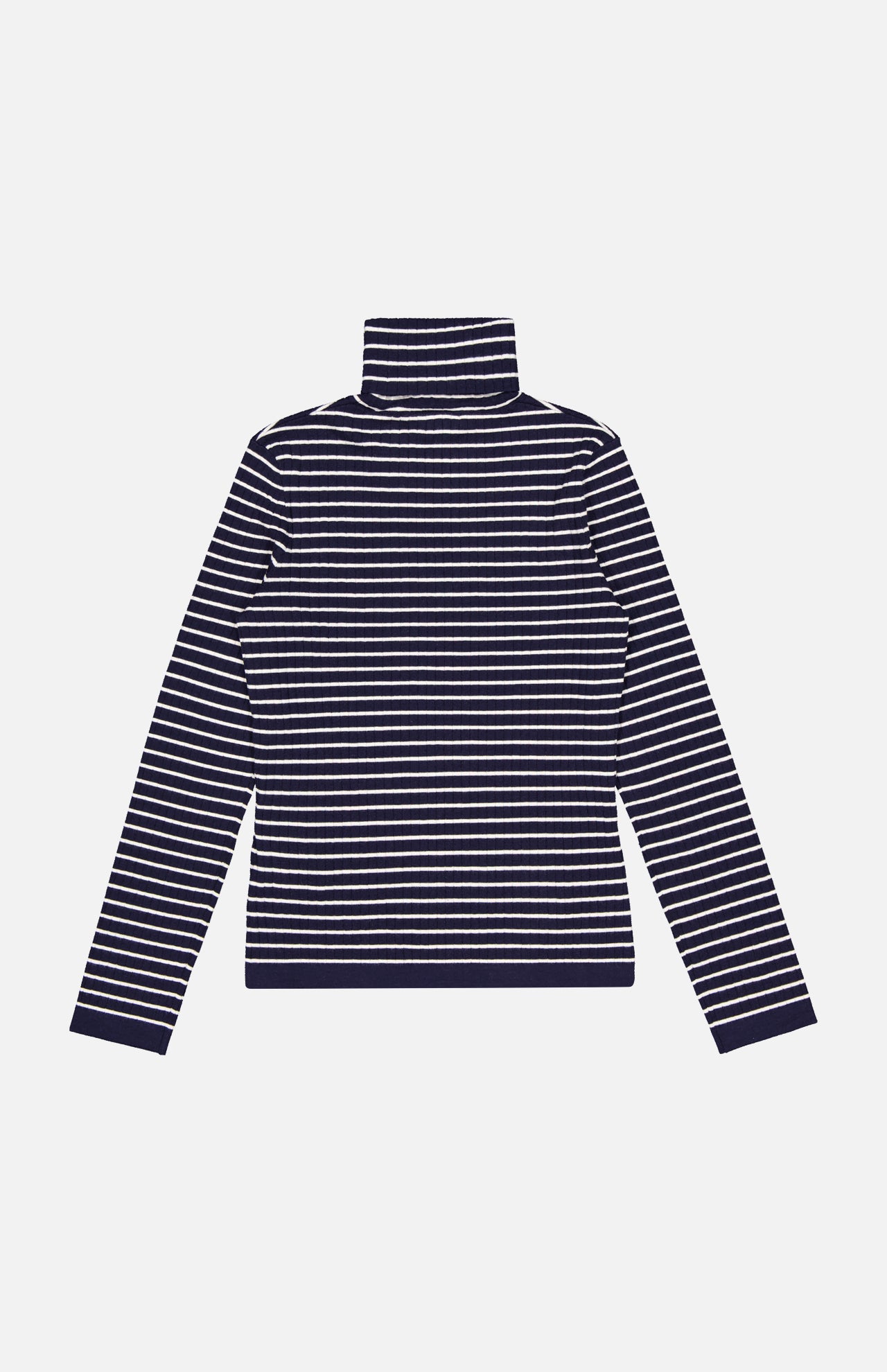 The RALPH LAUREN COLLECTION Ribbed Striped Turtleneck Sweater features a navy blue and white pattern in a slim fit with long sleeves, displayed flat on a light gray background.