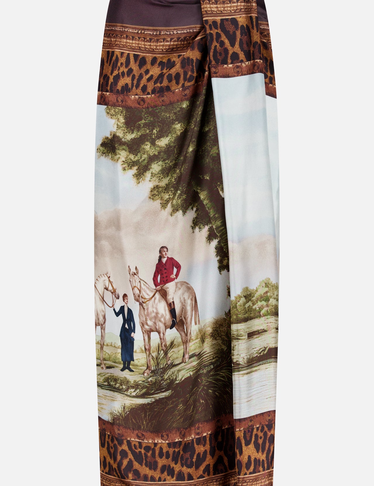 The Scenic Silk Twill Pencil Skirt from RALPH LAUREN COLLECTION showcases a vibrant print of two people and two horses by a river, elegantly framed with a brown and black leopard print border. Expertly crafted in Italy, this unique piece combines exquisite artistry with luxurious silk twill fabric.