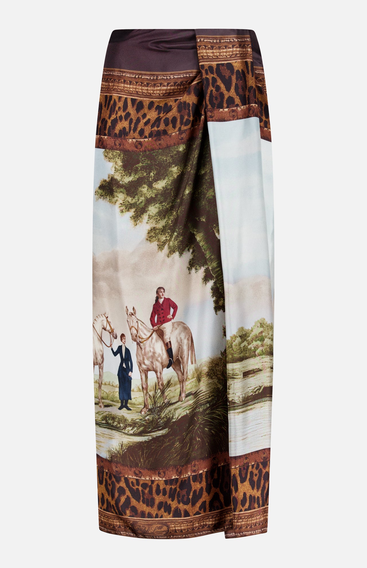 The Scenic Silk Twill Pencil Skirt from RALPH LAUREN COLLECTION showcases a vibrant print of two people and two horses by a river, elegantly framed with a brown and black leopard print border. Expertly crafted in Italy, this unique piece combines exquisite artistry with luxurious silk twill fabric.