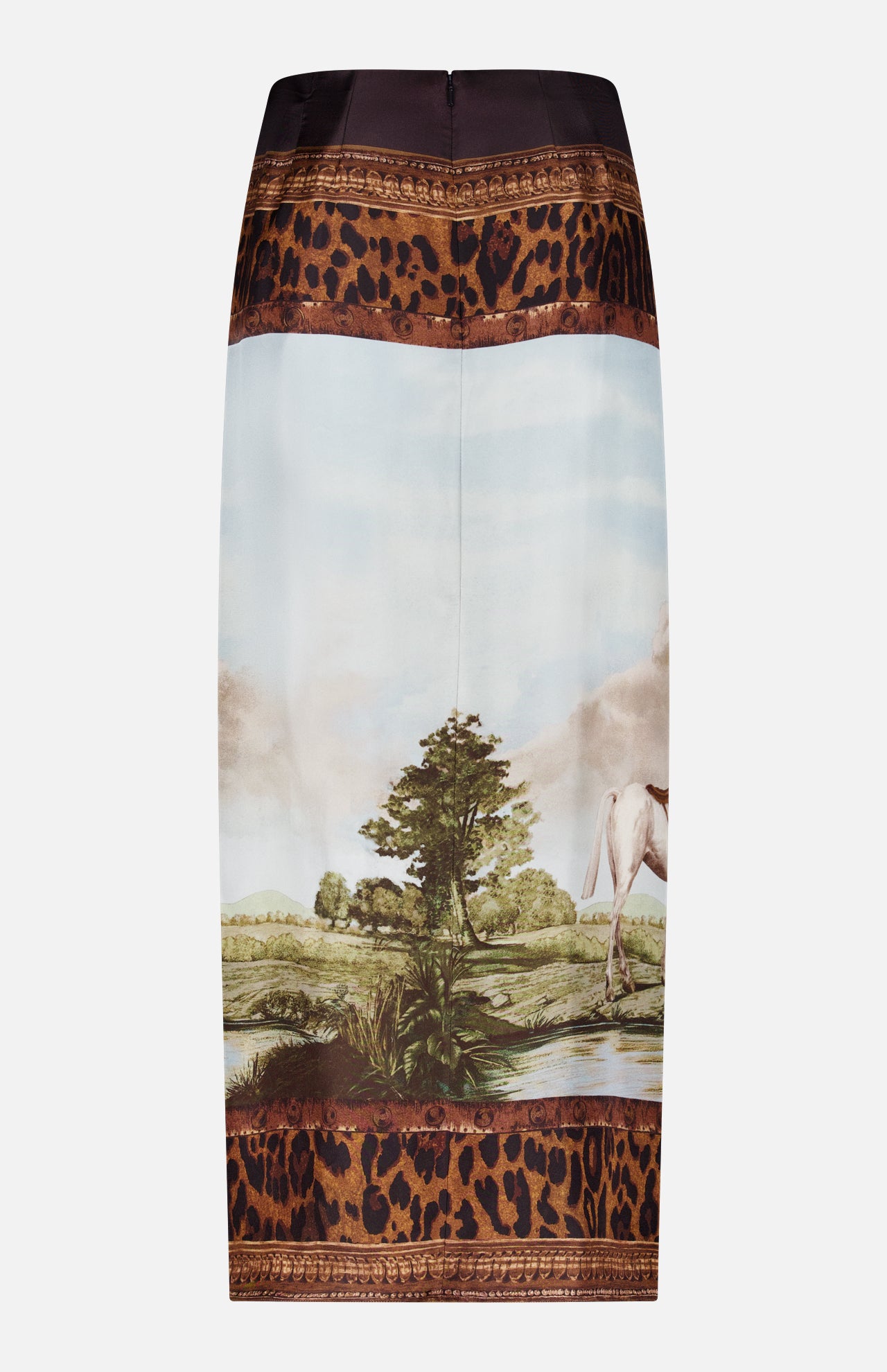 Crafted in Italy from luxurious silk twill, the Scenic Silk Twill Pencil Skirt by RALPH LAUREN COLLECTION features a central landscape print with a tree and horse, framed by bold leopard print and intricate floral borders at the top and bottom.
