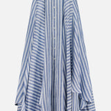 The Shamus Linen Umbrella Stripe Maxi Skirt by RALPH LAUREN COLLECTION features blue stripes, a flowing button-down front, and an asymmetrical hemline, shown against a plain white background.