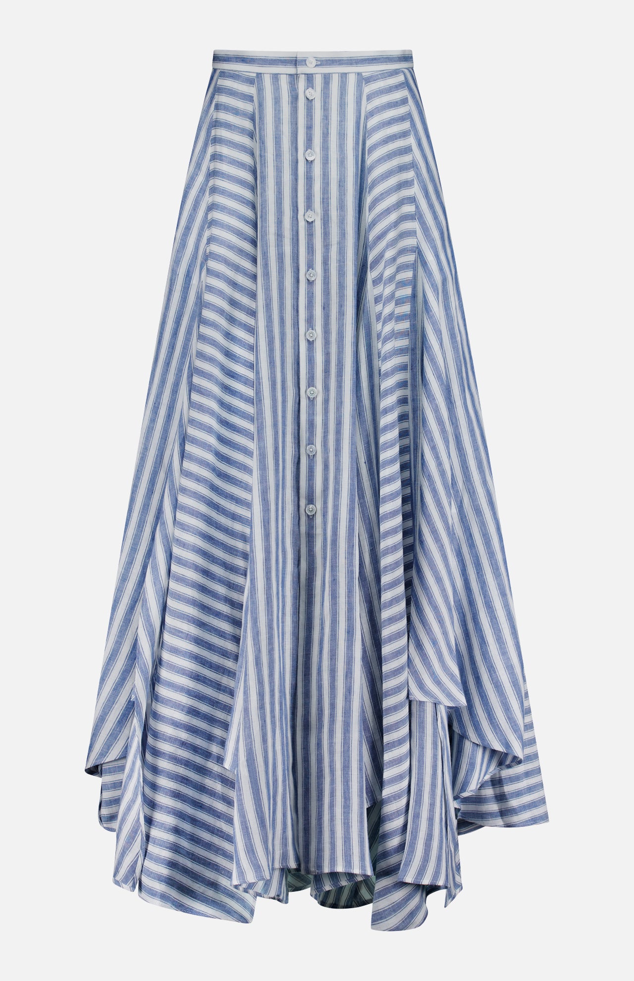 The Shamus Linen Umbrella Stripe Maxi Skirt by RALPH LAUREN COLLECTION features blue stripes, a flowing button-down front, and an asymmetrical hemline, shown against a plain white background.