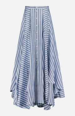 The Shamus Linen Umbrella Stripe Maxi Skirt by RALPH LAUREN COLLECTION features blue stripes, a flowing button-down front, and an asymmetrical hemline, shown against a plain white background.