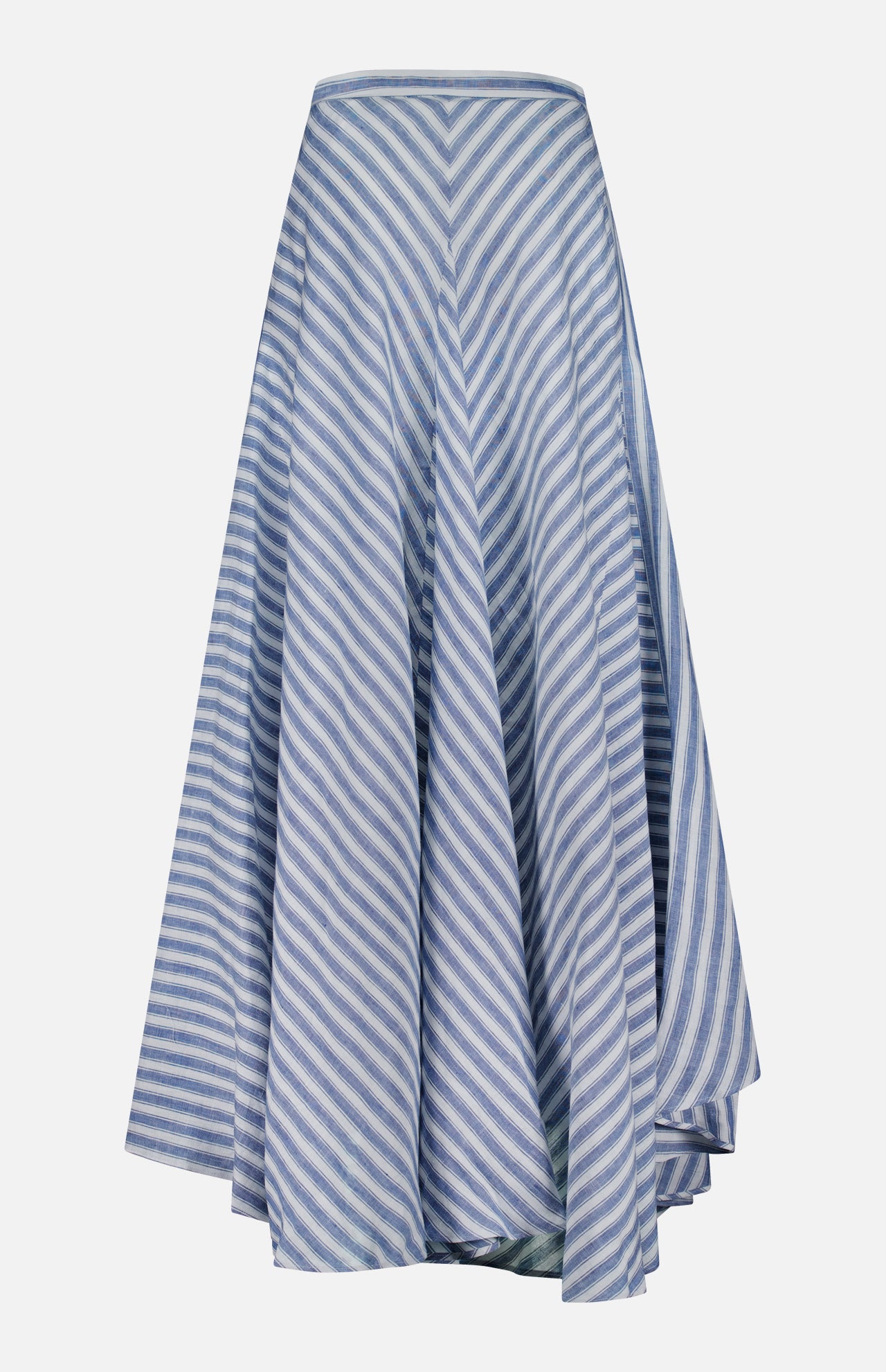 The Shamus Linen Umbrella Stripe Maxi Skirt by RALPH LAUREN COLLECTION features blue and white diagonal stripes, a high waist, and ankle-length A-line silhouette—ideal for breezy summer days and chic coastal style.