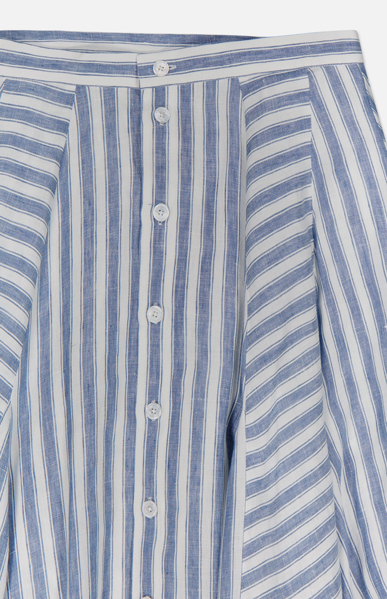 Close-up of the Shamus Linen Umbrella Stripe Maxi Skirt by RALPH LAUREN COLLECTION, featuring blue and white stripes, front white buttons, and pleated details—ideal for coastal-inspired style.