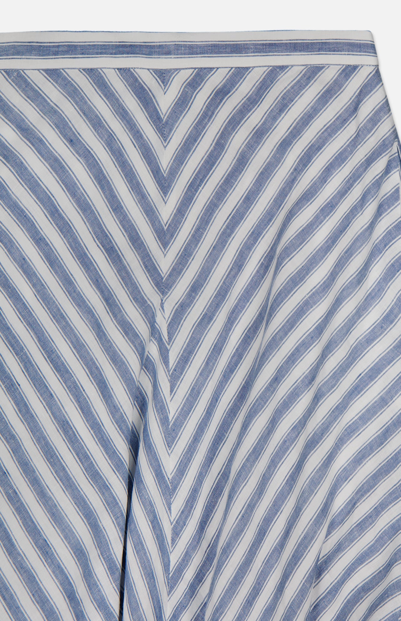 Close-up of the Shamus Linen Umbrella Stripe Maxi Skirt by RALPH LAUREN COLLECTION, featuring diagonal blue and white chevron stripes with a defined waistband—ideal for effortless coastal-inspired style.