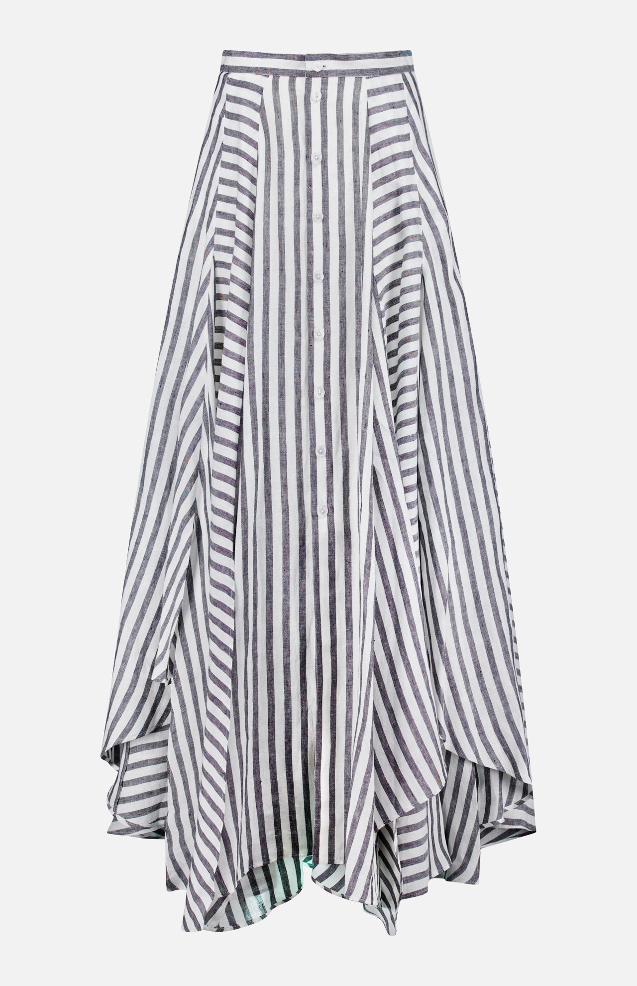 The Shamus Umbrella Stripe Maxi Skirt by RALPH LAUREN COLLECTION features black and white stripes, a high waist, button-down front, and an asymmetrical flowing hemline in a chic midi length.