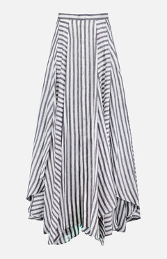 The Shamus Umbrella Stripe Maxi Skirt by RALPH LAUREN COLLECTION features black and white stripes, a high waist, button-down front, and an asymmetrical flowing hemline in a chic midi length.