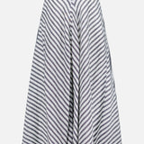 The Shamus Umbrella Stripe Maxi Skirt by RALPH LAUREN COLLECTION features diagonal black and white stripes forming a chevron pattern, crafted from lightweight linen for effortless style.