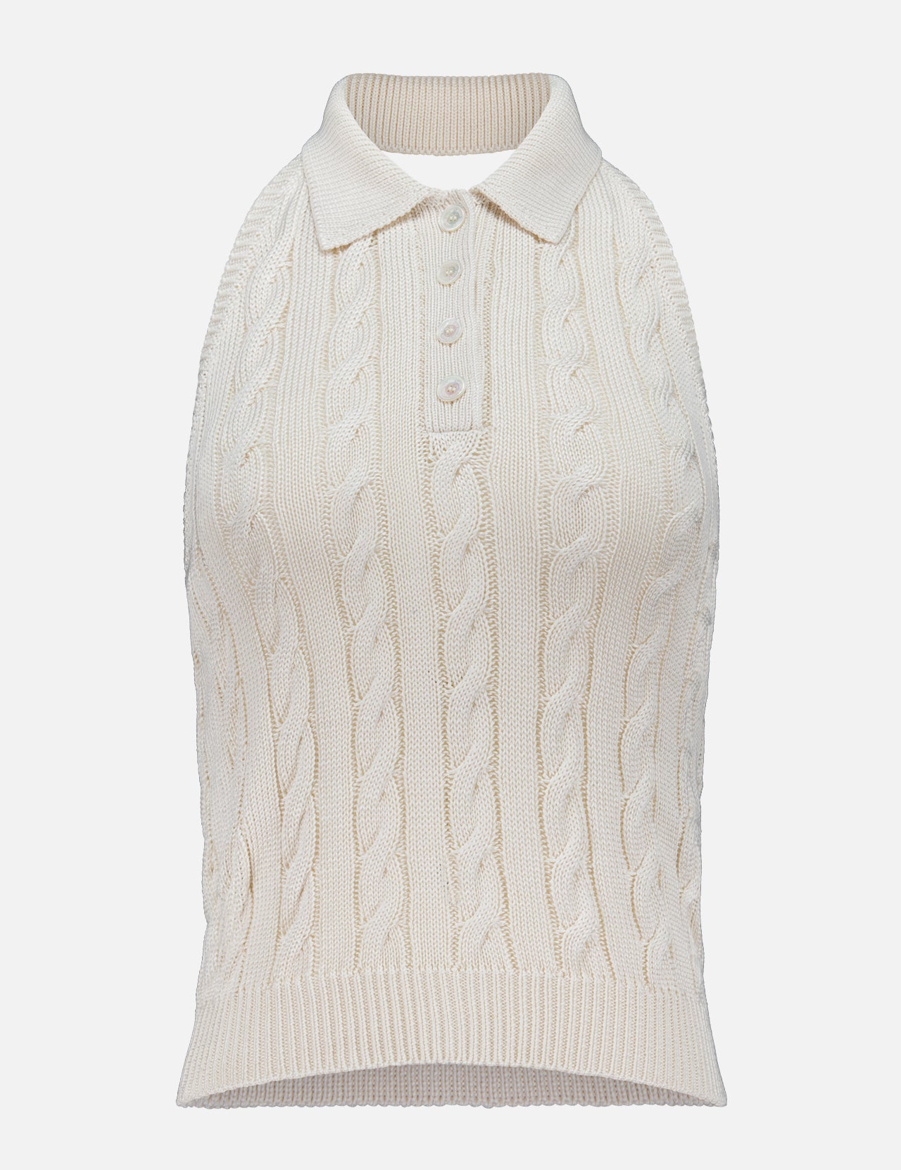 The Sleeveless Halter Polo Pullover Sweater by RALPH LAUREN COLLECTION is a lightweight, cream-colored summer knit featuring a polo collar and sleeveless design—ideal for warm-weather layering.