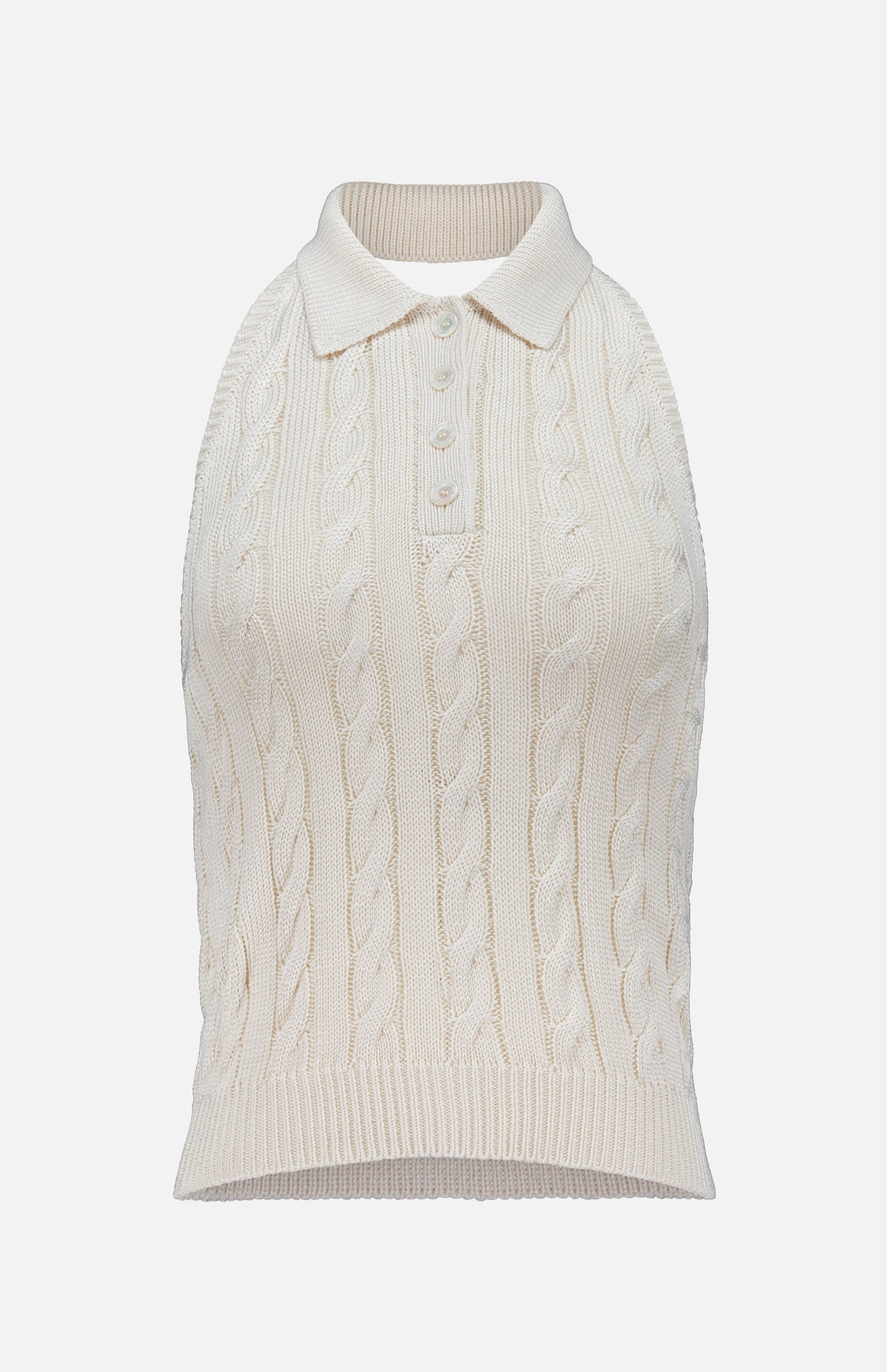 The Sleeveless Halter Polo Pullover Sweater by RALPH LAUREN COLLECTION is a lightweight, cream-colored summer knit featuring a polo collar and sleeveless design—ideal for warm-weather layering.