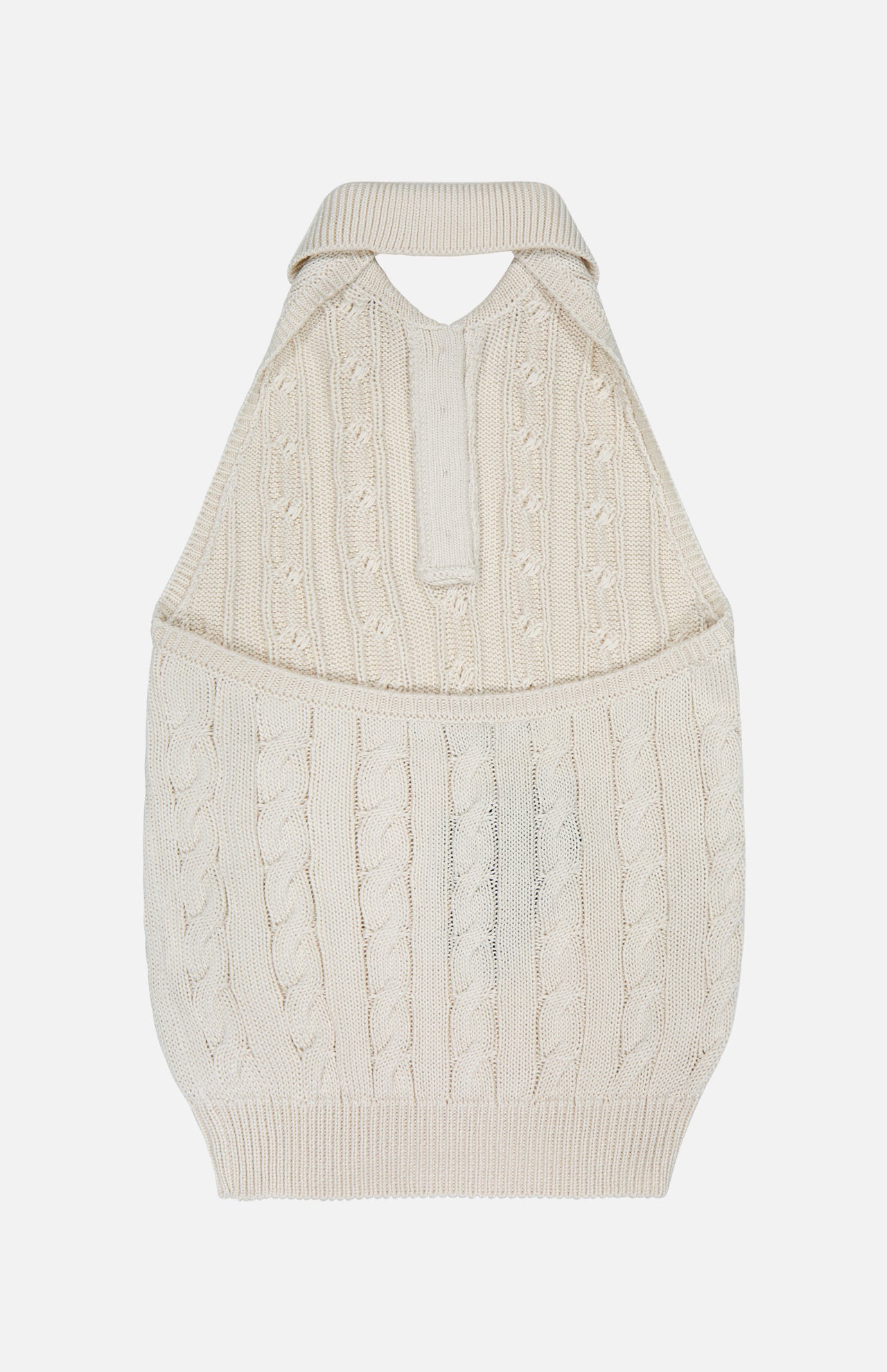 The RALPH LAUREN COLLECTION Sleeveless Halter Polo Pullover Sweater for dogs is cream-colored with a cableknit design, ribbed turtleneck, armholes, and pocket detail, shown flat on a white background.