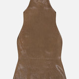 The RALPH LAUREN COLLECTION Sleeveless Mockneck Sweater, in a dark brown ribbed knit with a shiny finish, is laid flat on a white background. Reminiscent of a sleeveless sweater, it features a fitted silhouette that subtly flares at the hem and is finished with a high neckline.