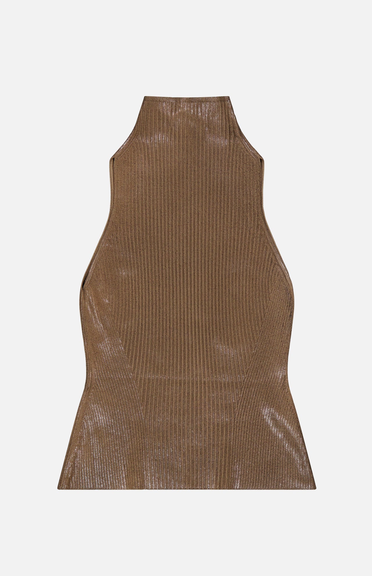 The RALPH LAUREN COLLECTION Sleeveless Mockneck Sweater, in a dark brown ribbed knit with a shiny finish, is laid flat on a white background. Reminiscent of a sleeveless sweater, it features a fitted silhouette that subtly flares at the hem and is finished with a high neckline.