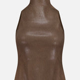 Sleeveless Mockneck Sweater by RALPH LAUREN COLLECTION in a metallic brown ribbed knit, featuring a high neckline and subtle lacquer sheen, styled against a plain white background.