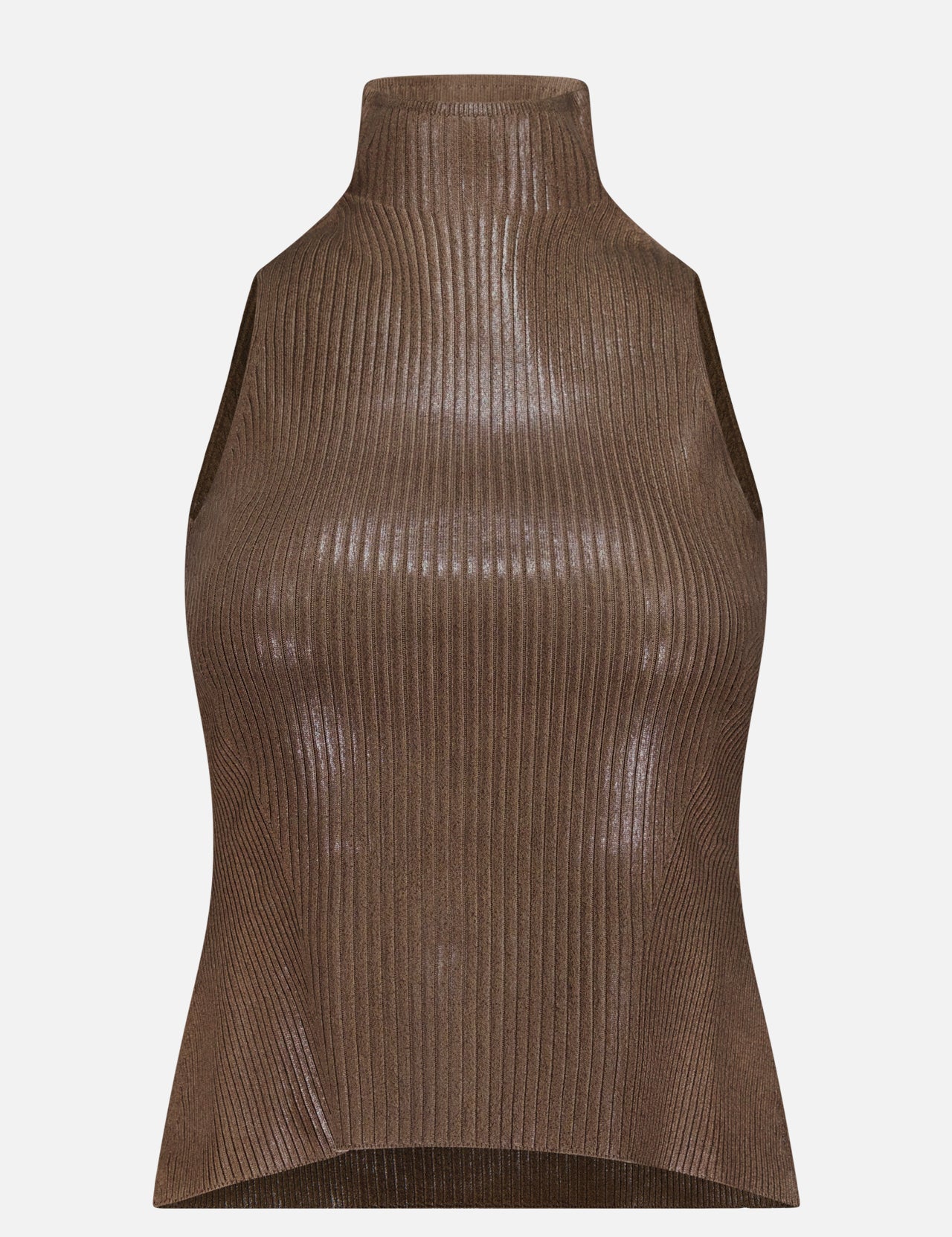 Sleeveless Mockneck Sweater by RALPH LAUREN COLLECTION in a metallic brown ribbed knit, featuring a high neckline and subtle lacquer sheen, styled against a plain white background.
