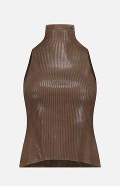 Sleeveless Mockneck Sweater by RALPH LAUREN COLLECTION in a metallic brown ribbed knit, featuring a high neckline and subtle lacquer sheen, styled against a plain white background.