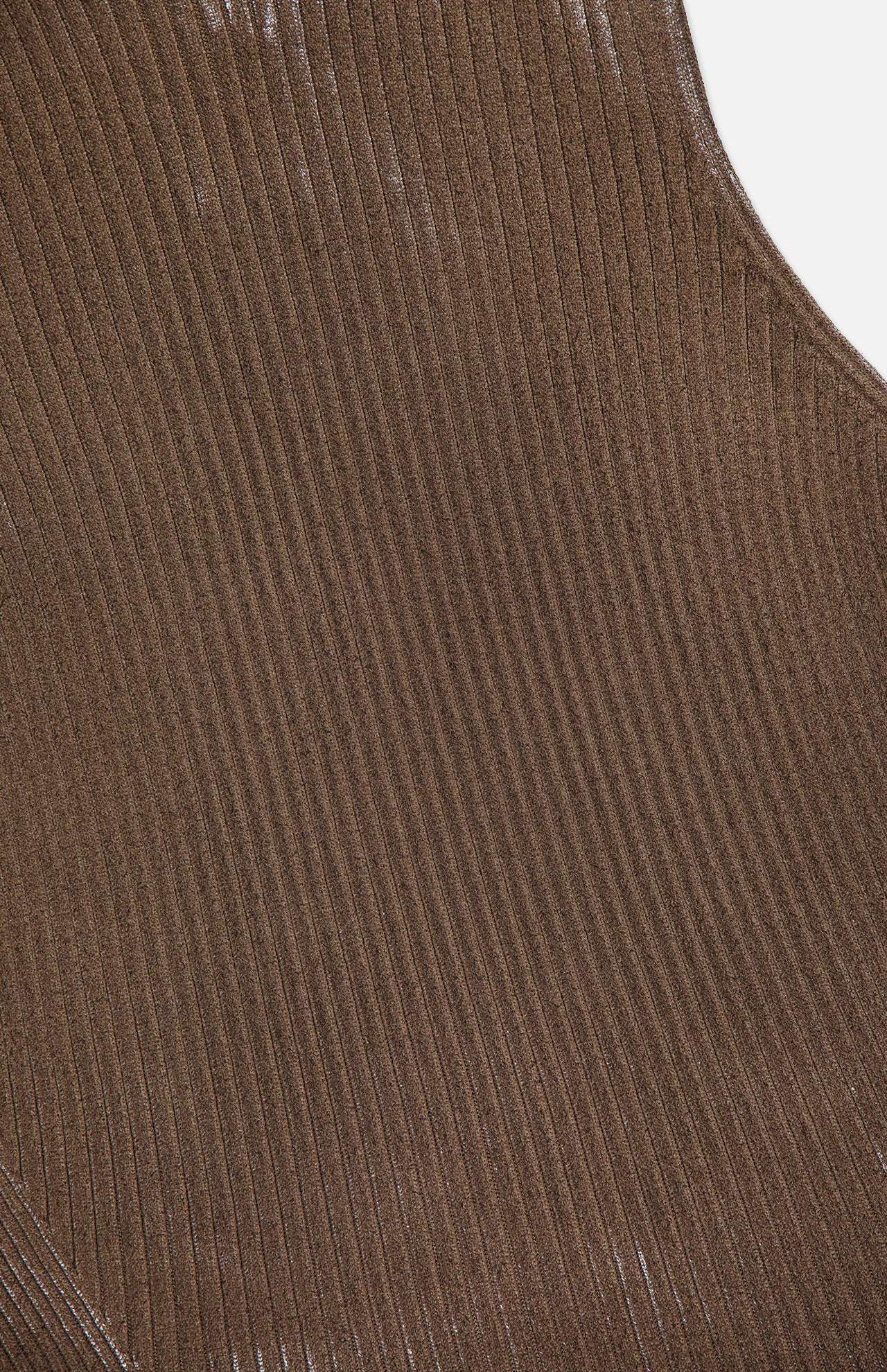 Close-up of ribbed brown fabric with diagonal lines, highlighting the texture and subtle sheen; the material looks soft and stretchy, characteristic of the Sleeveless Mockneck Sweater by RALPH LAUREN COLLECTION.