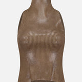 The RALPH LAUREN COLLECTION Sleeveless Mockneck Sweater is a dark brown, ribbed top with a shiny, textured finish. Featuring a high neckline, fitted silhouette, and straight hem, this sleeveless sweater is showcased against a plain white background.