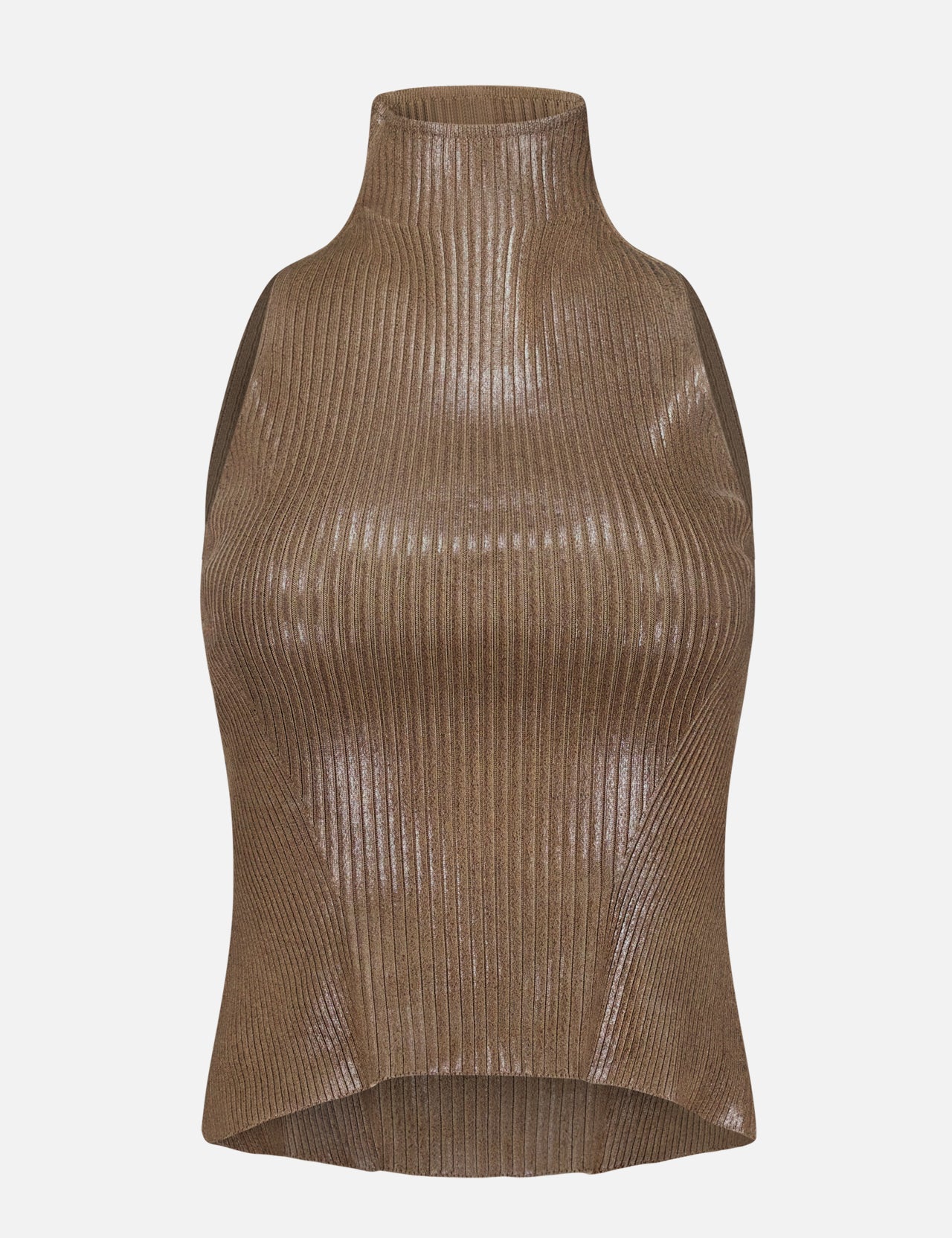 The RALPH LAUREN COLLECTION Sleeveless Mockneck Sweater is a dark brown, ribbed top with a shiny, textured finish. Featuring a high neckline, fitted silhouette, and straight hem, this sleeveless sweater is showcased against a plain white background.