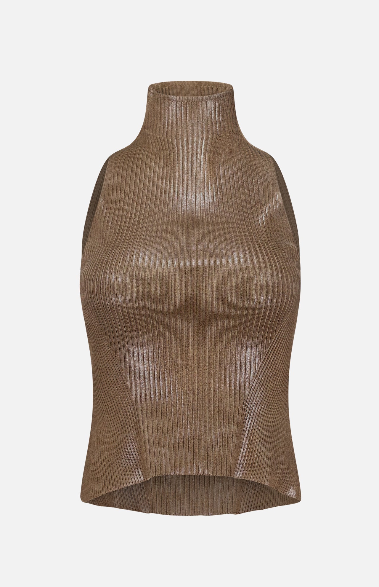 The RALPH LAUREN COLLECTION Sleeveless Mockneck Sweater is a dark brown, ribbed top with a shiny, textured finish. Featuring a high neckline, fitted silhouette, and straight hem, this sleeveless sweater is showcased against a plain white background.