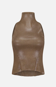 The RALPH LAUREN COLLECTION Sleeveless Mockneck Sweater is a dark brown, ribbed top with a shiny, textured finish. Featuring a high neckline, fitted silhouette, and straight hem, this sleeveless sweater is showcased against a plain white background.