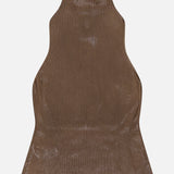 Sleeveless Mockneck Sweater by RALPH LAUREN COLLECTION, featuring a ribbed, dark brown halter design with a shiny lacquer sheen, shown laid flat on a white background.