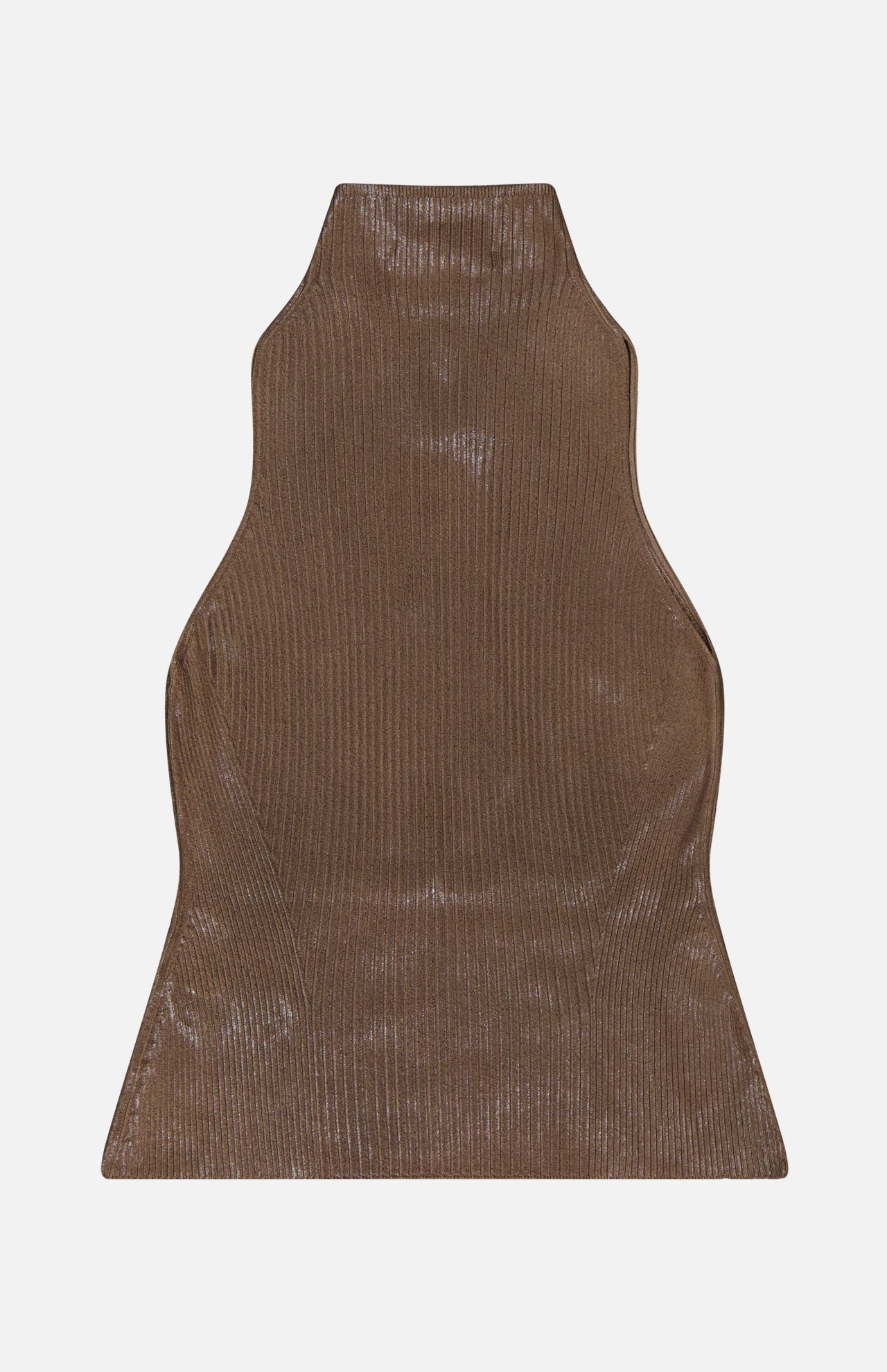 Sleeveless Mockneck Sweater by RALPH LAUREN COLLECTION, featuring a ribbed, dark brown halter design with a shiny lacquer sheen, shown laid flat on a white background.