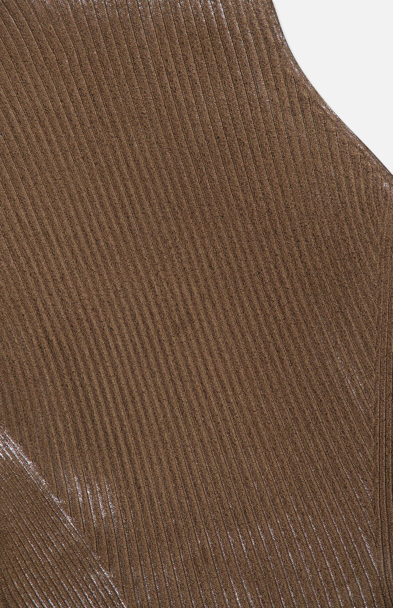 Close-up of the brown ribbed fabric from the Sleeveless Mockneck Sweater by RALPH LAUREN COLLECTION, featuring diagonal lines. The material has a soft texture and a subtle sheen.