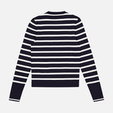 Back view of the Stretch Silk Pullover Sweater by RALPH LAUREN COLLECTION, a slim-fit navy crew neck with horizontal white stripes and long sleeves, made in Italy, laid flat on a white background.