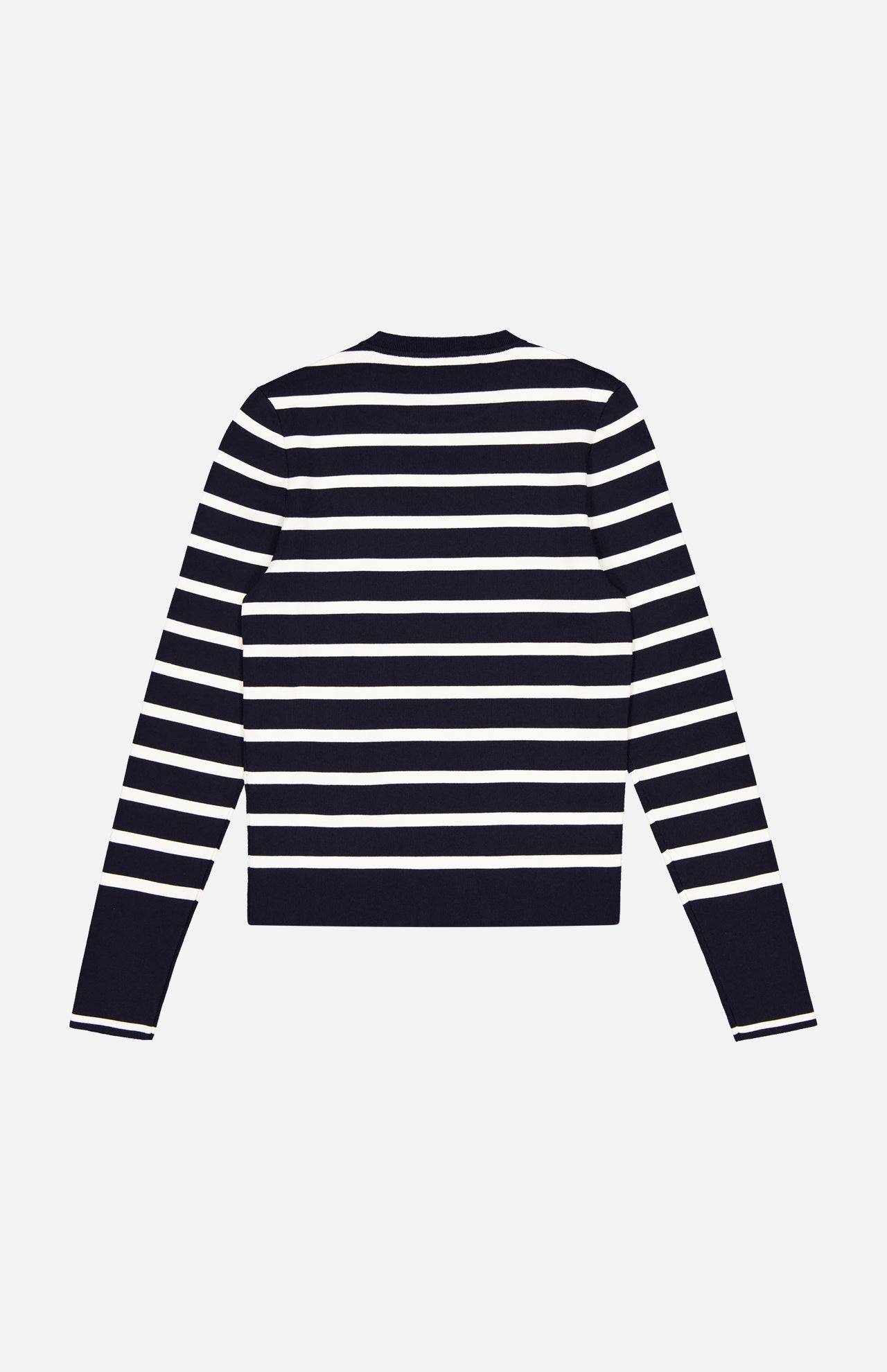 Back view of the Stretch Silk Pullover Sweater by RALPH LAUREN COLLECTION, a slim-fit navy crew neck with horizontal white stripes and long sleeves, made in Italy, laid flat on a white background.