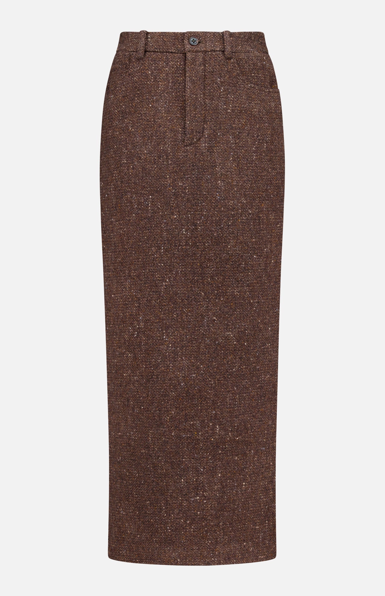A brown tweed ankle pencil skirt from RALPH LAUREN COLLECTION, featuring belt loops, a front button closure, and a straight, slim fit—this classic piece channels refined elegance.
