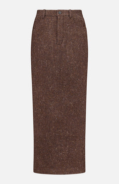 A brown tweed ankle pencil skirt from RALPH LAUREN COLLECTION, featuring belt loops, a front button closure, and a straight, slim fit—this classic piece channels refined elegance.