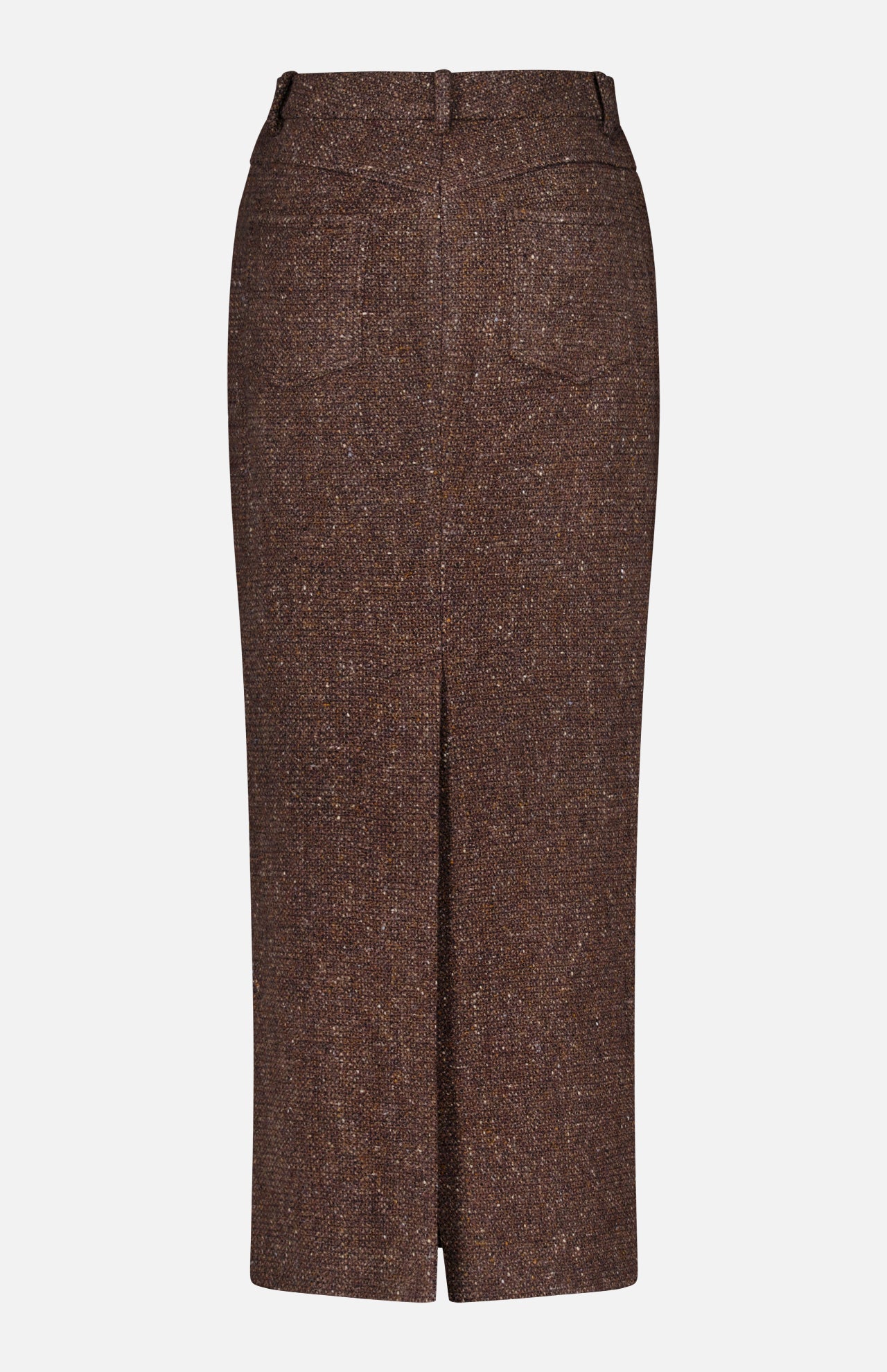 The RALPH LAUREN COLLECTION Tweed Ankle Pencil Skirt is shown from the back, highlighting two pockets, a center seam, and a back hem slit. This classic wool-cashmere piece offers timeless elegance and textured style for any wardrobe.