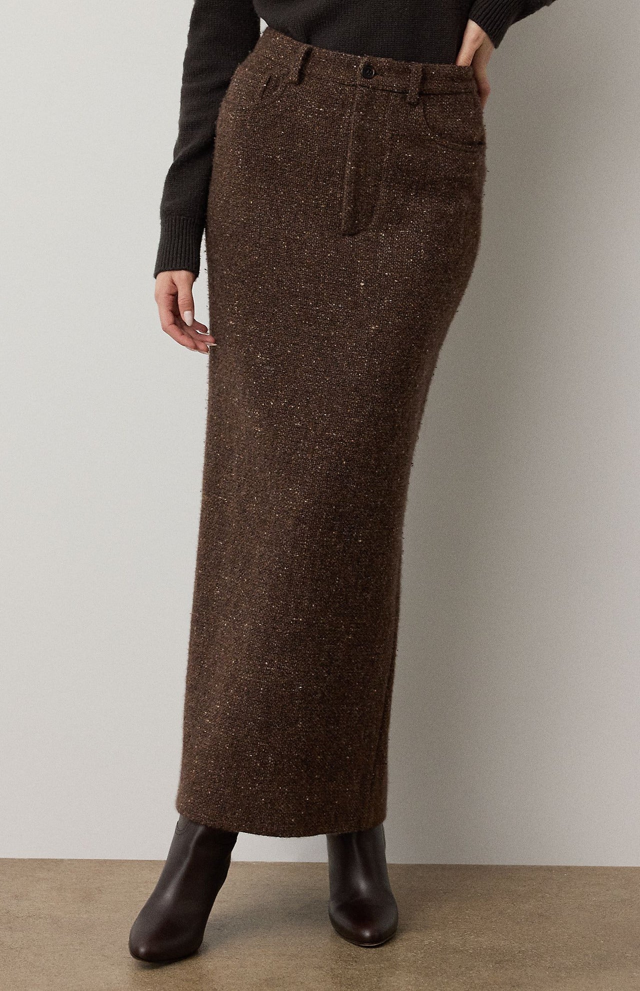 RALPH LAUREN COLLECTION Tweed Ankle Pencil Skirt in brown tweed.
