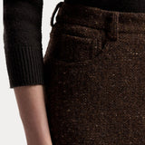 A brown tweed RALPH LAUREN COLLECTION Tweed Ankle Pencil Skirt featuring a front pocket, belt loops, and a wool cashmere blend.