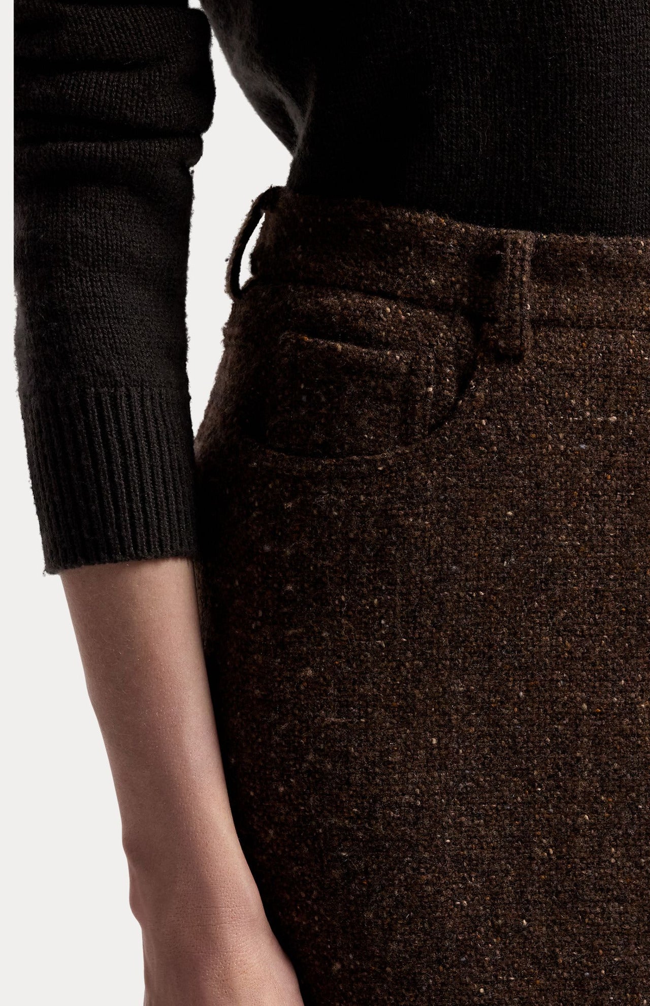A brown tweed RALPH LAUREN COLLECTION Tweed Ankle Pencil Skirt featuring a front pocket, belt loops, and a wool cashmere blend.