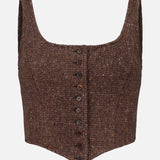 The Tweed Scoop Neck Vest Top from RALPH LAUREN COLLECTION is a brown, cropped vest featuring wide straps, a scoop neckline, and front button closure. Expertly tailored for a fitted silhouette, this sleeveless top is crafted from a soft wool-cashmere blend and showcases a rich textured tweed fabric. Displayed on a white background.