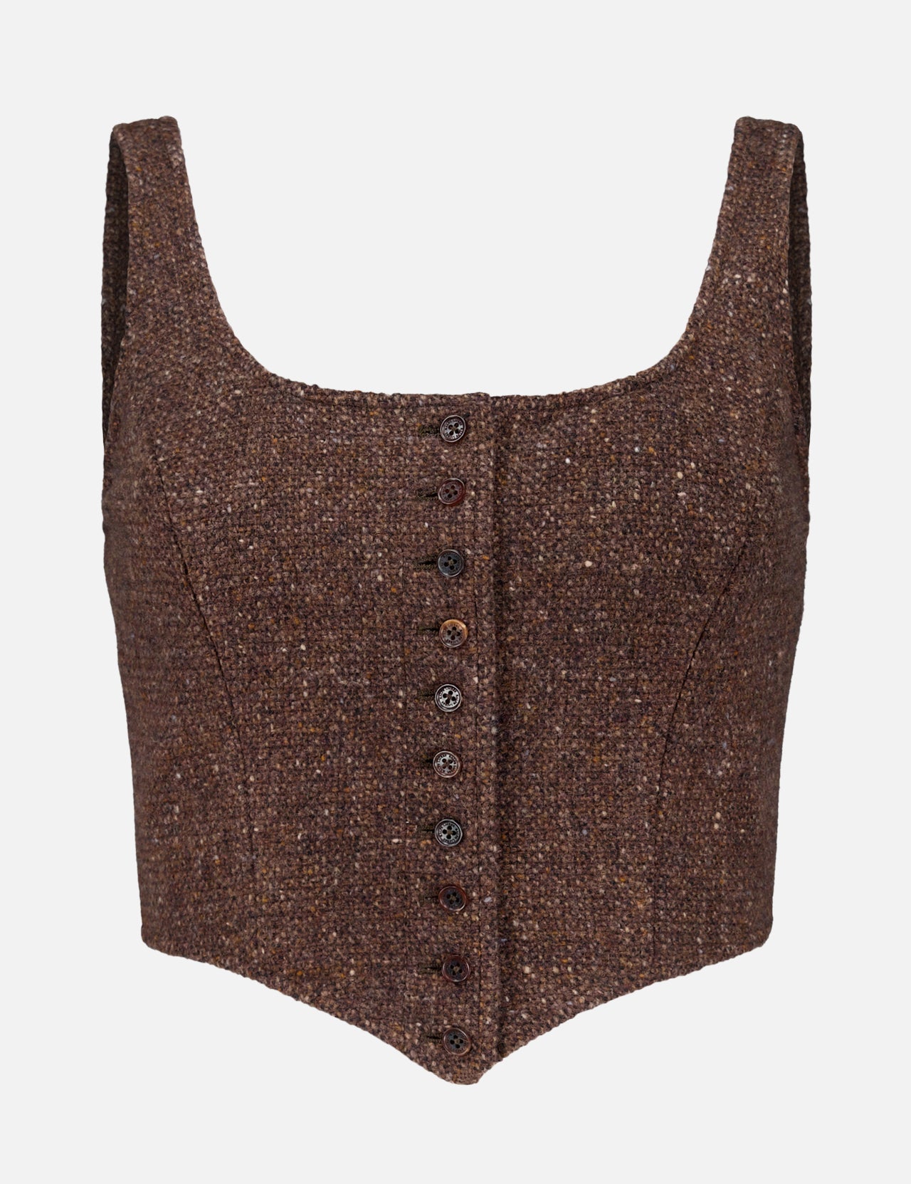 The Tweed Scoop Neck Vest Top from RALPH LAUREN COLLECTION is a brown, cropped vest featuring wide straps, a scoop neckline, and front button closure. Expertly tailored for a fitted silhouette, this sleeveless top is crafted from a soft wool-cashmere blend and showcases a rich textured tweed fabric. Displayed on a white background.