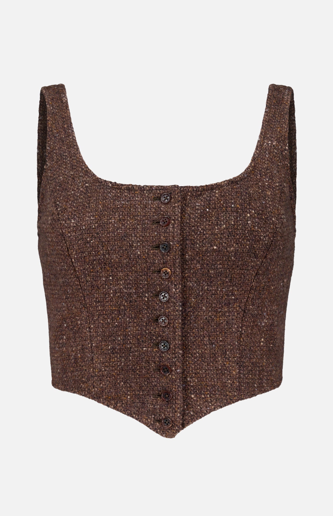 The Tweed Scoop Neck Vest Top from RALPH LAUREN COLLECTION is a brown, cropped vest featuring wide straps, a scoop neckline, and front button closure. Expertly tailored for a fitted silhouette, this sleeveless top is crafted from a soft wool-cashmere blend and showcases a rich textured tweed fabric. Displayed on a white background.