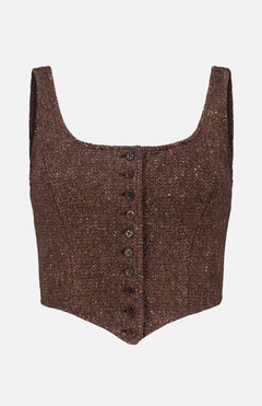 The Tweed Scoop Neck Vest Top from RALPH LAUREN COLLECTION is a brown, cropped vest featuring wide straps, a scoop neckline, and front button closure. Expertly tailored for a fitted silhouette, this sleeveless top is crafted from a soft wool-cashmere blend and showcases a rich textured tweed fabric. Displayed on a white background.