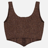 The RALPH LAUREN COLLECTION Tweed Scoop Neck Vest Top is a sleeveless brown crop top crafted from a luxurious wool-cashmere blend, featuring a scoop neckline and corset-inspired button details at the bottom front, displayed on a white background.