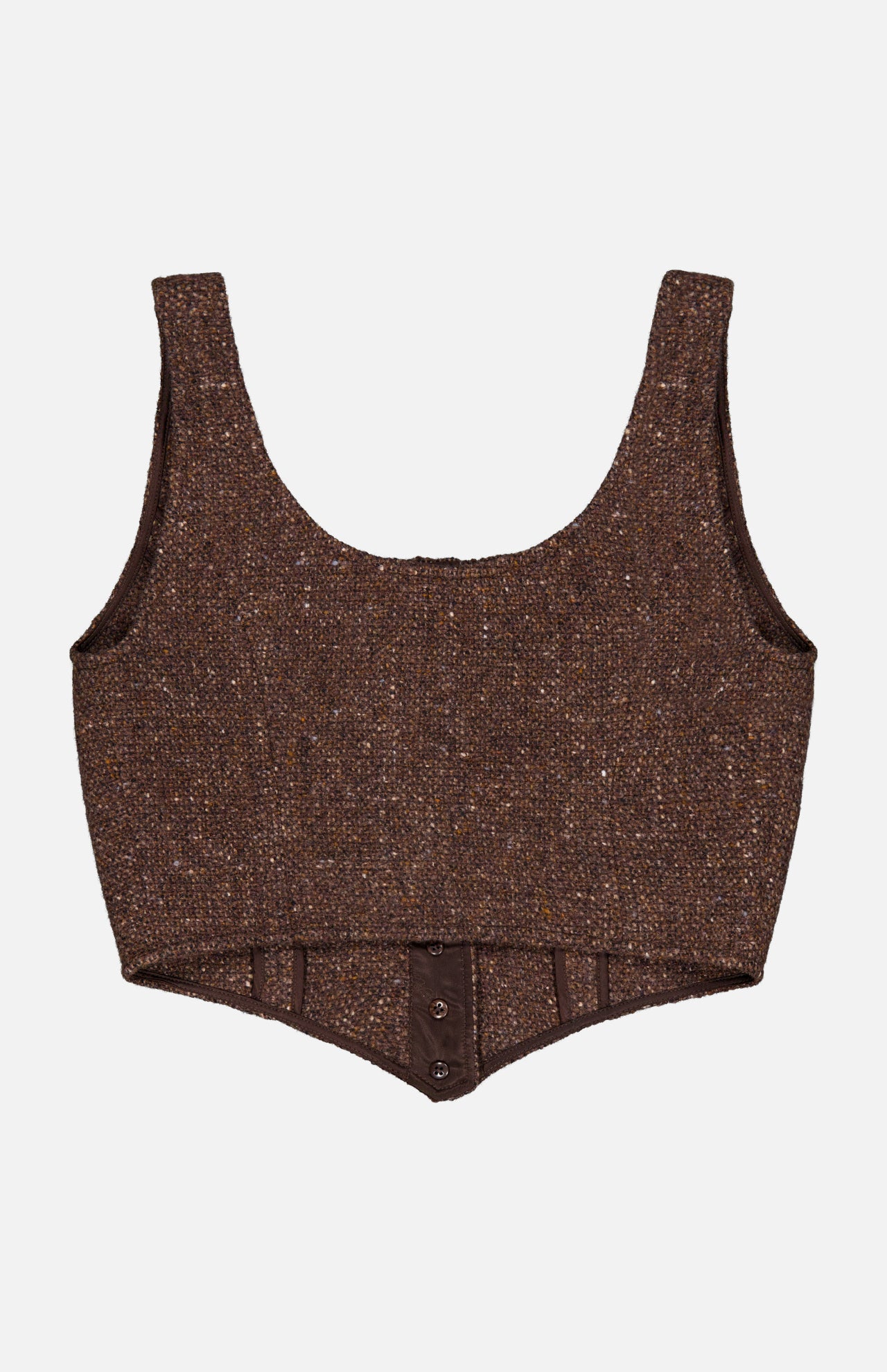 The RALPH LAUREN COLLECTION Tweed Scoop Neck Vest Top is a sleeveless brown crop top crafted from a luxurious wool-cashmere blend, featuring a scoop neckline and corset-inspired button details at the bottom front, displayed on a white background.
