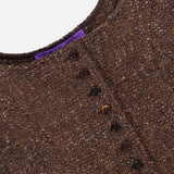 A close-up of the Tweed Scoop Neck Vest Top by RALPH LAUREN COLLECTION, showcasing its brown textured wool-cashmere blend fabric, dark front buttons, and a visible purple tag near the neckline. The sleeveless vest is laid flat on a white background.