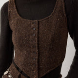 RALPH LAUREN COLLECTION Tweed Scoop Neck Vest Top in brown speckled tweed with a scoop neck and button-front closure, worn over a black turtleneck sweater.