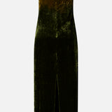 Ralph Lauren Collection Velvet Straight Strapless Gown in olive green silk-blend velvet with a back slit.