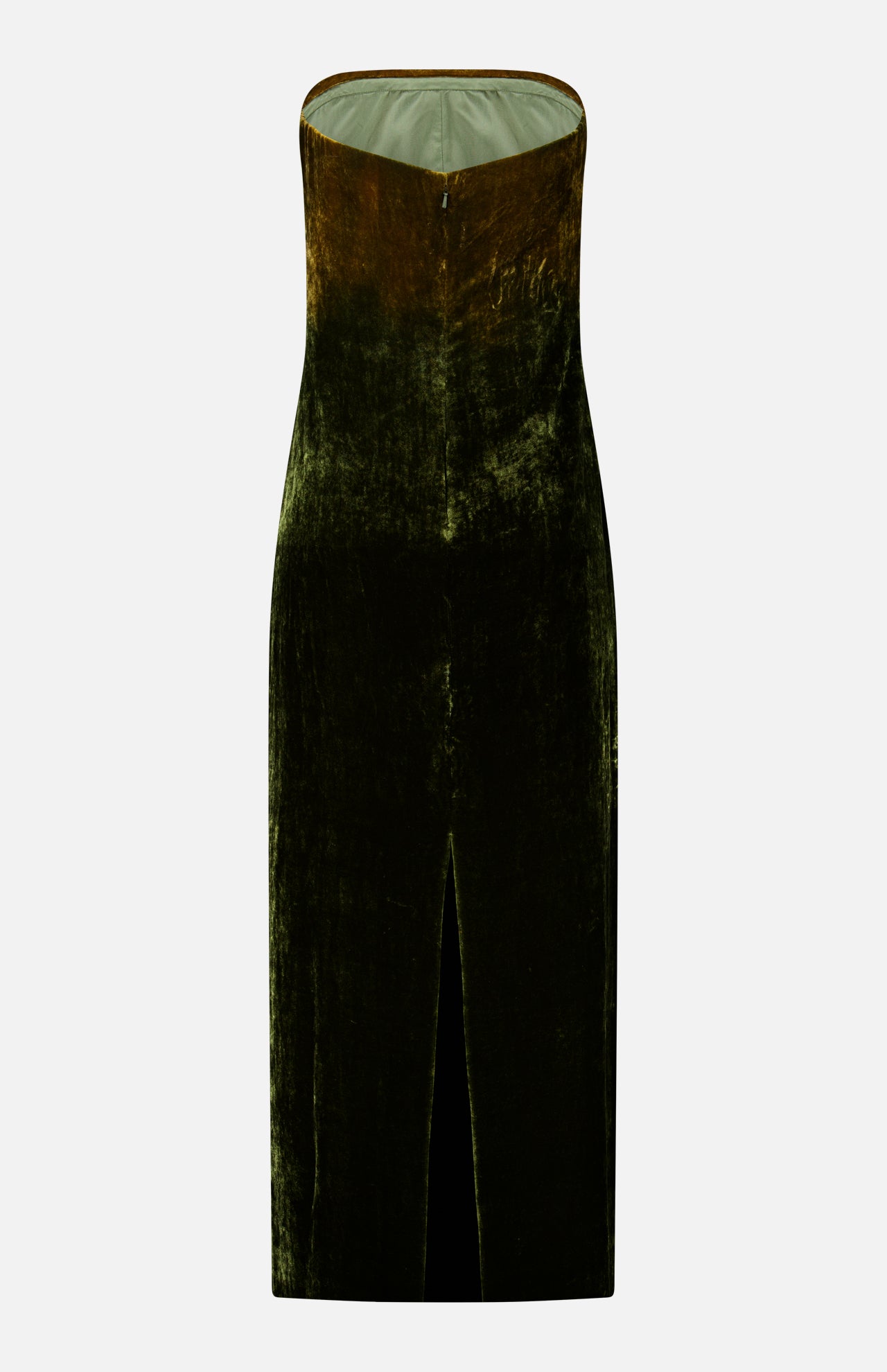 Ralph Lauren Collection Velvet Straight Strapless Gown in olive green silk-blend velvet with a back slit.