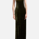 Ralph Lauren Collection Velvet Straight Strapless Gown in an olive green floor-length velvet fabric.