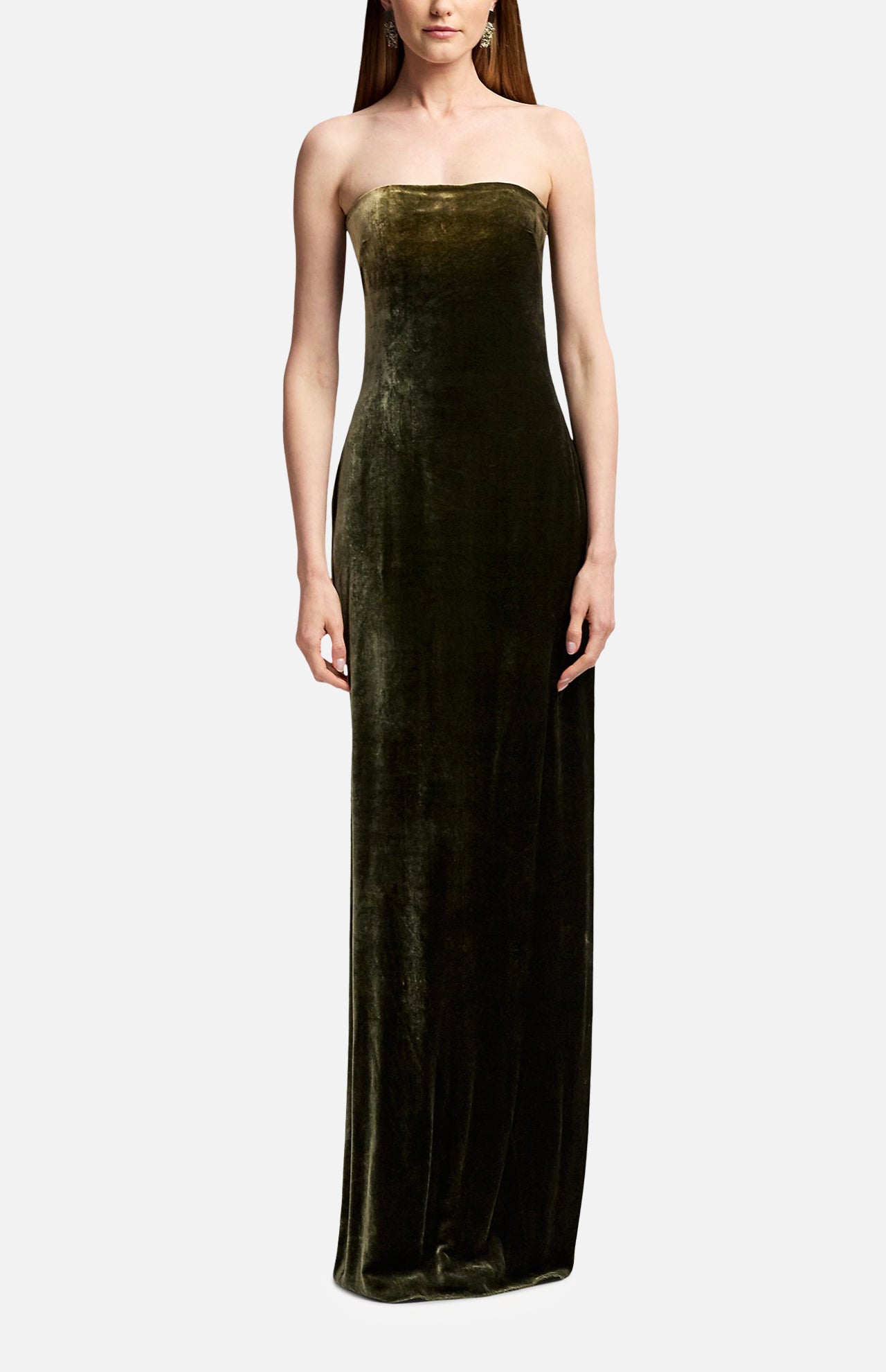 Ralph Lauren Collection Velvet Straight Strapless Gown in an olive green floor-length velvet fabric.